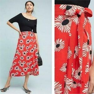 Anthropologie 37/52 Conversations Red Black Flower Wrap Tie Skirt